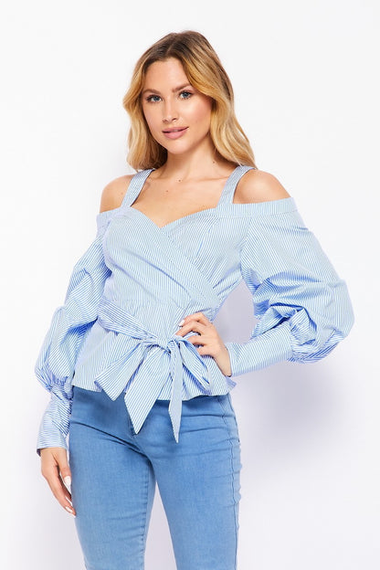 AVA PINSTRIPE COLD SHOULDER BLOUSE