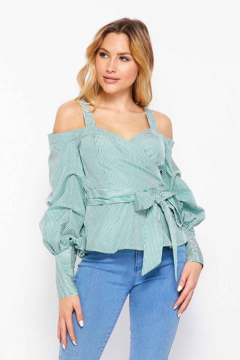 AVA PINSTRIPE COLD SHOULDER BLOUSE