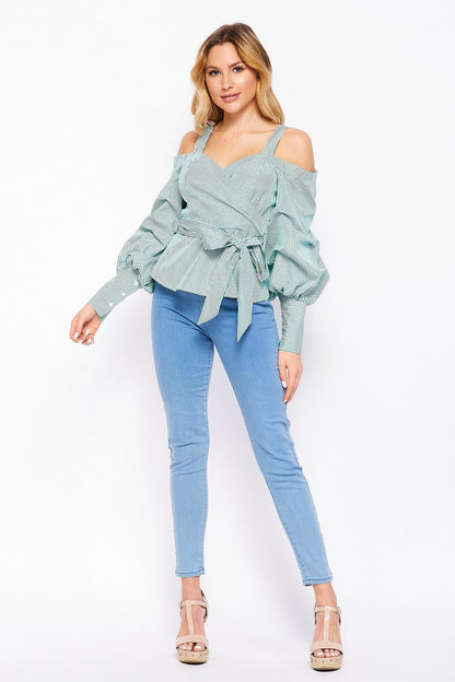 AVA PINSTRIPE COLD SHOULDER BLOUSE